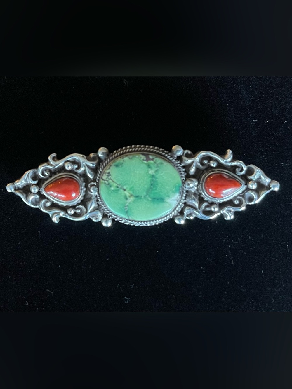 Vintage Sterling Silver Scrollwork Pin w Green Turquoise and Teardrop Red Coral